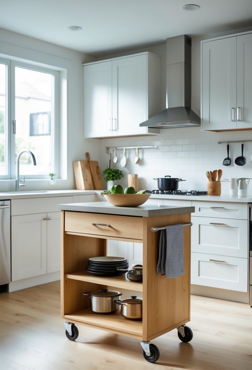 A small kitchen with a mobile island cart on locking wheels, surrounded by cabinets and kitchen appliances.