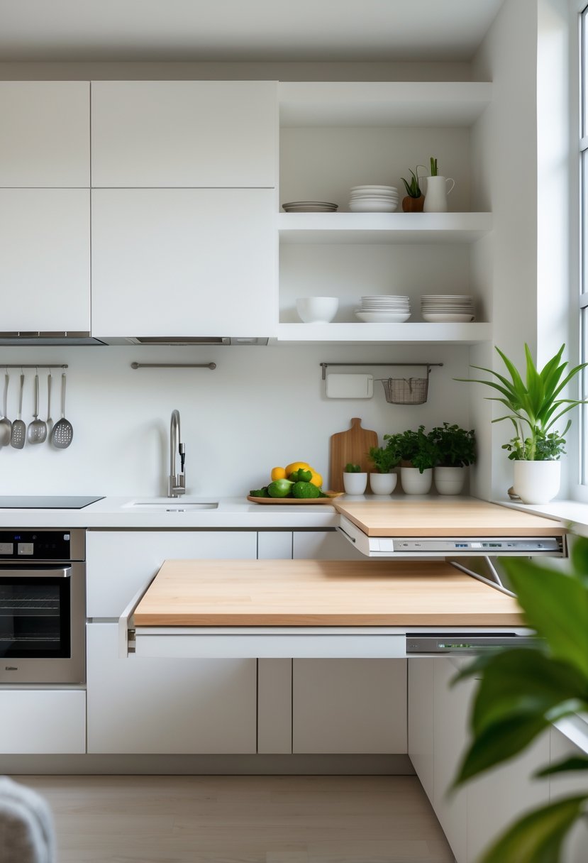 A small kitchen with a foldable countertop island extended, surrounded by modern appliances and kitchenware.