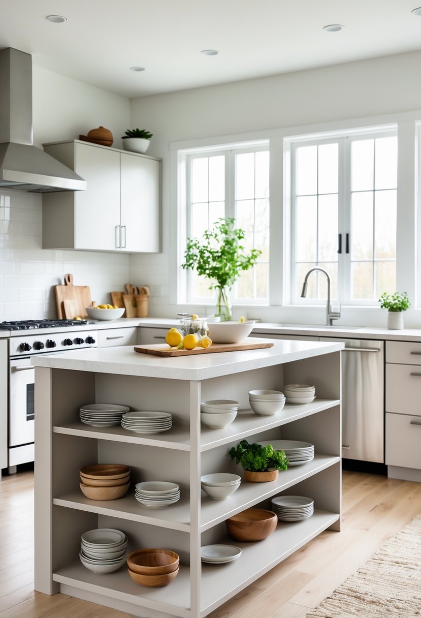 A kitchen with a two-tier island that has open shelves underneath holding kitchenware.