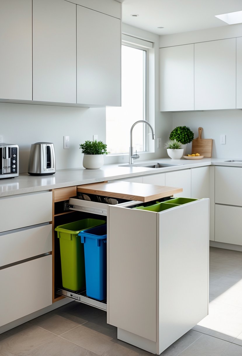 A small kitchen island with hidden pull-out trash and recycling bins in a clean, modern kitchen.