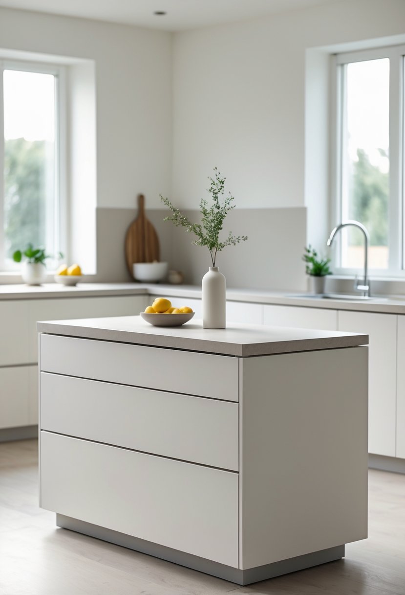 A small kitchen island with built-in drawers in a bright kitchen with natural light.