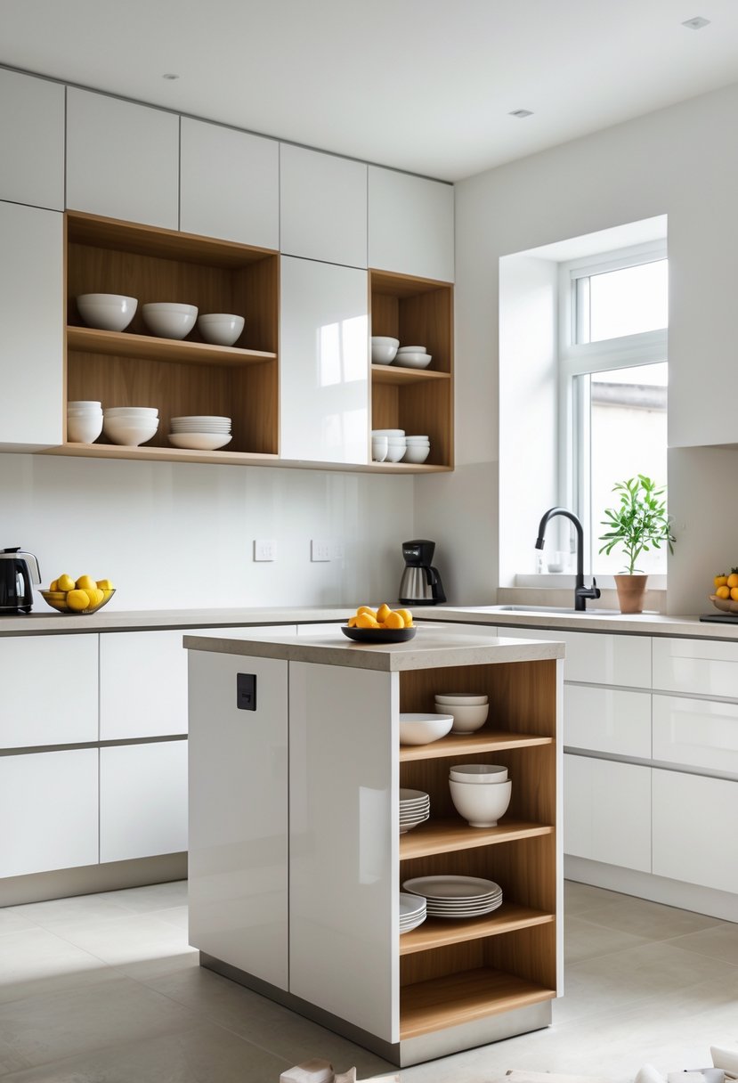 A small kitchen island with white closed cabinets and open wooden shelves, topped with a light stone countertop, in a bright kitchen.