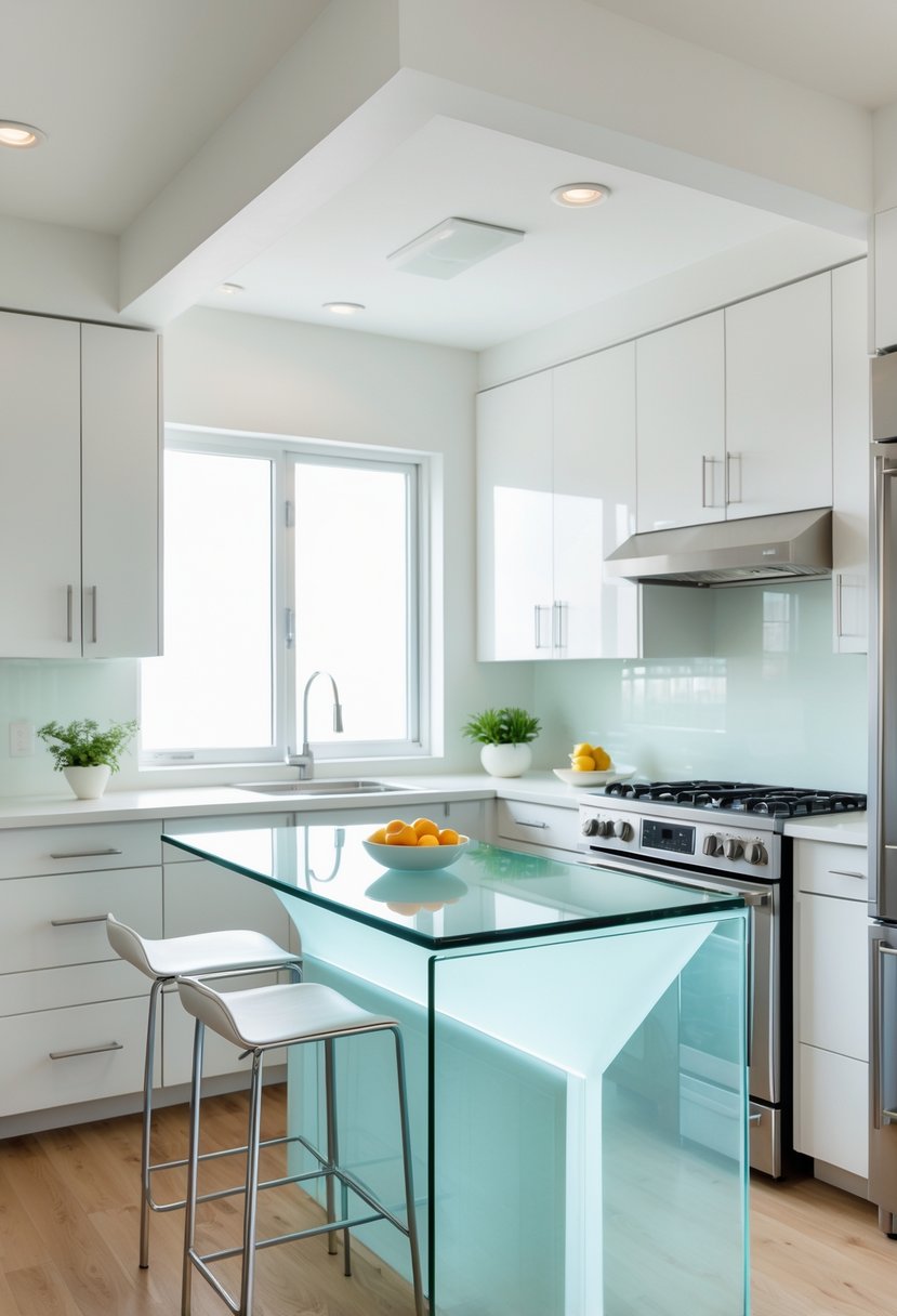 A small kitchen with a glass-top island in the center surrounded by bar stools and modern appliances.
