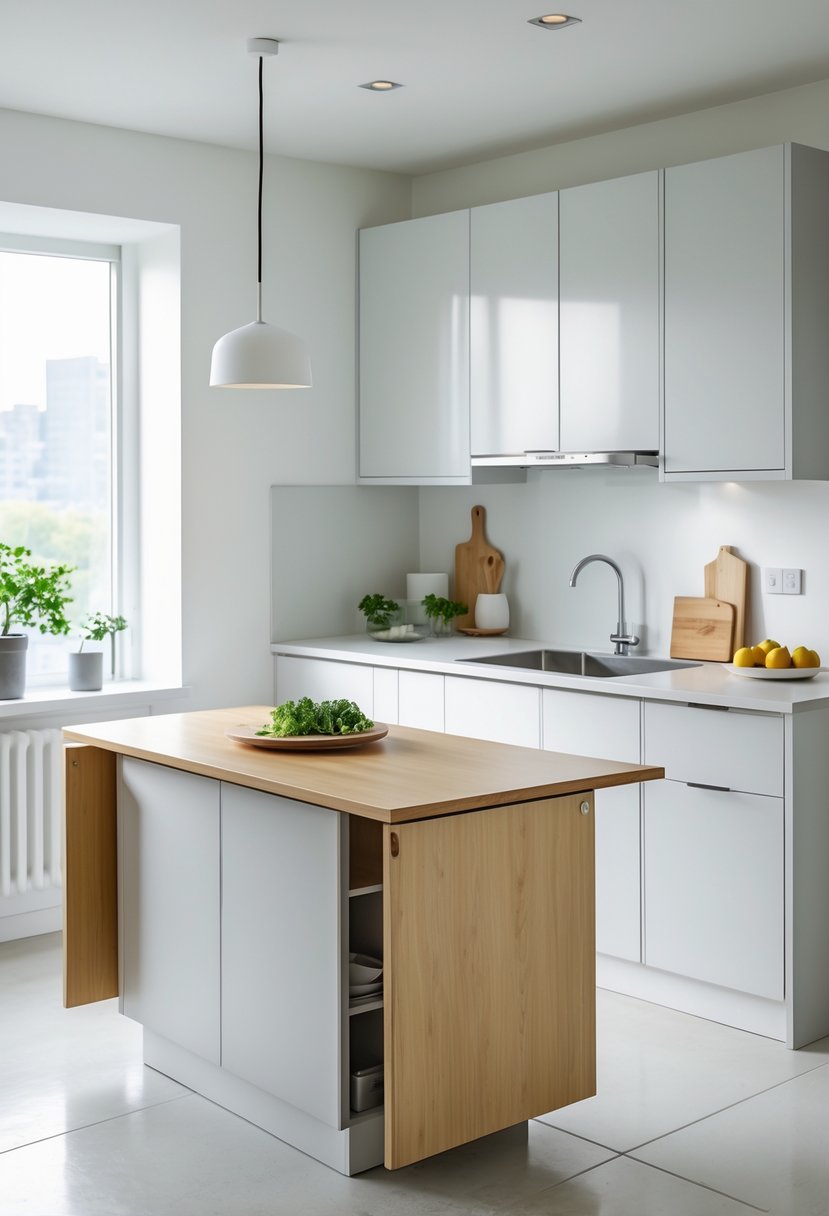 Small kitchen with a convertible island that has drop-leaf ends extended, surrounded by cabinets and natural light.