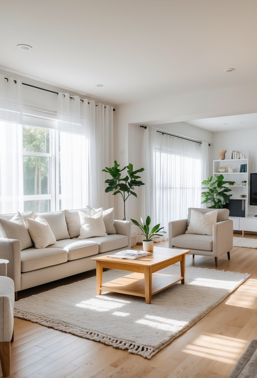 A tidy living room with a sofa, coffee table, armchair, bookshelf, and natural light coming through windows.
