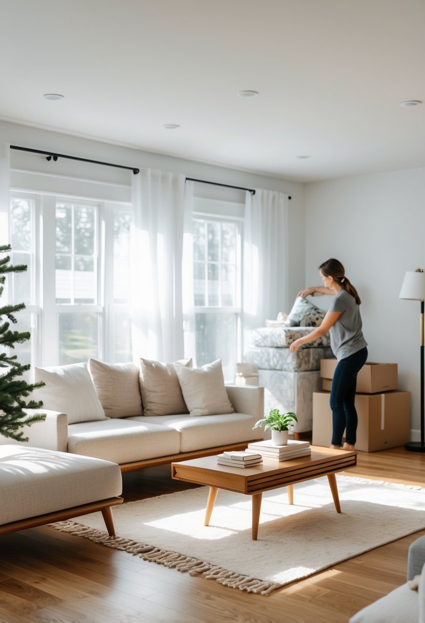 A clean living room with a sofa, coffee table, and natural light, showing people packing away holiday decorations and rearranging furniture.