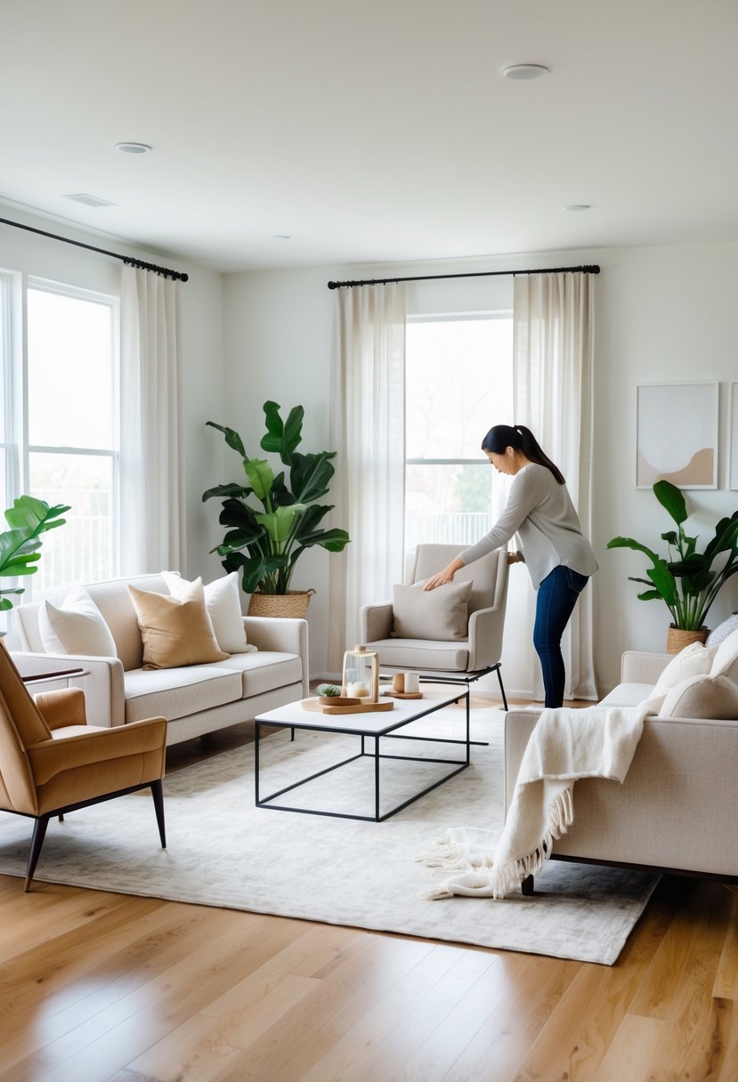Two people rearranging furniture in a bright living room with sofa, armchair, coffee table, and plants.