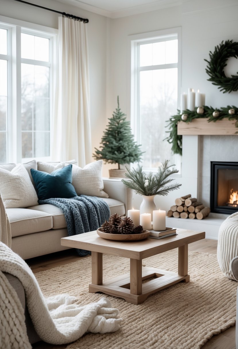 A cozy living room with neutral sofas, warm blankets, a wooden coffee table with pinecones and candles, a fireplace with a gentle fire, and winter decor accents.