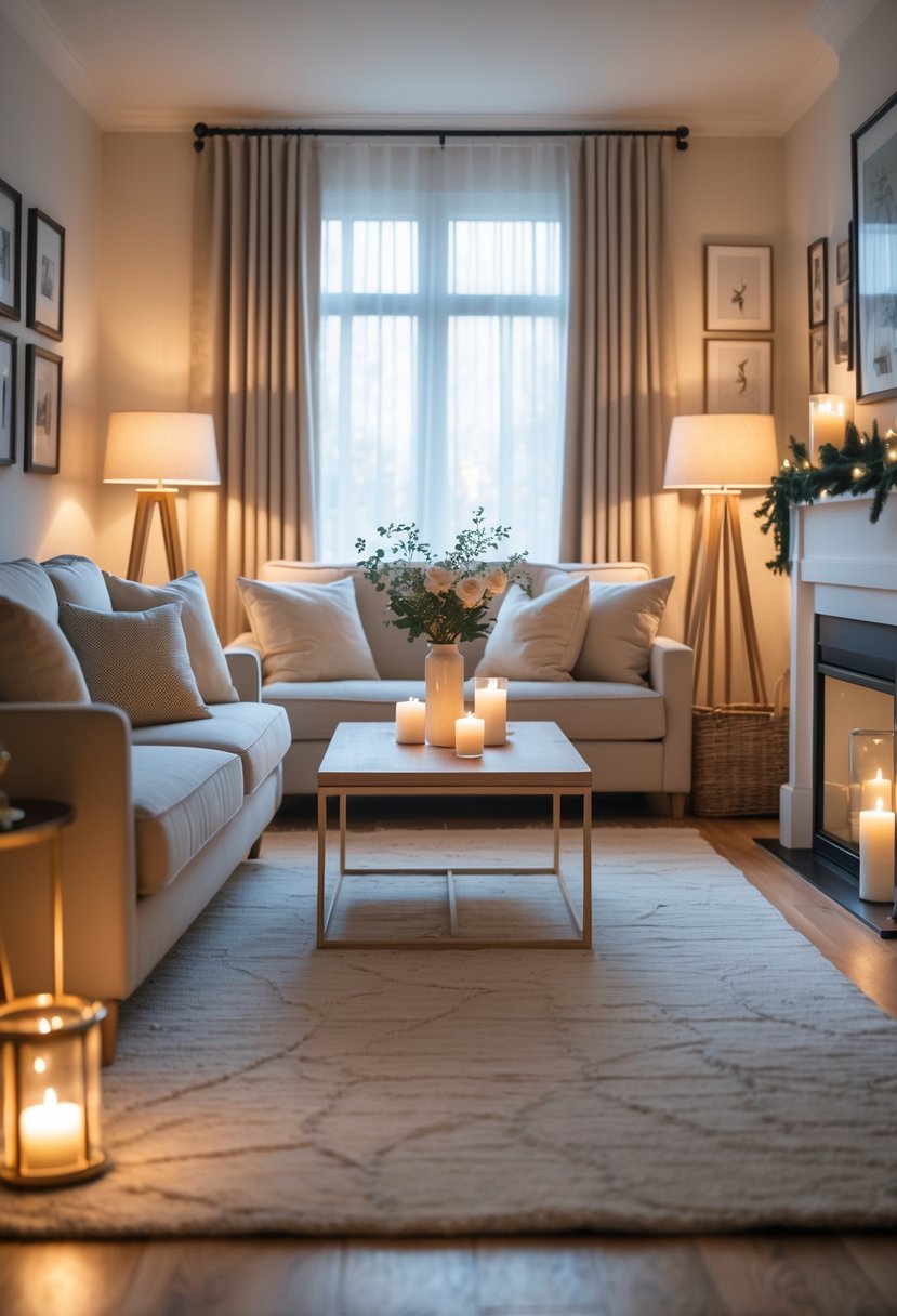 A tidy living room with warm lighting, a sofa with cushions, a coffee table with flowers, and decorative items arranged neatly.