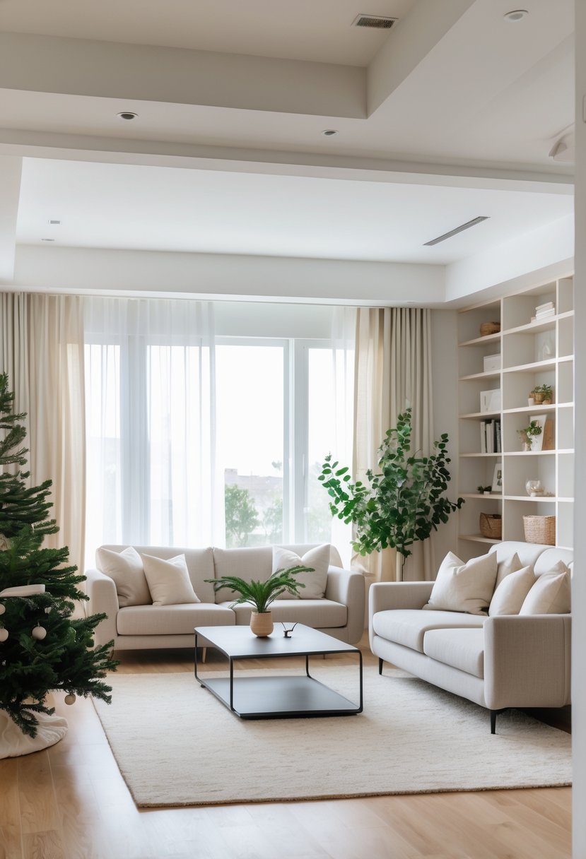 A clean, well-lit living room with a sofa, coffee table, bookshelf, and large windows letting in natural light.