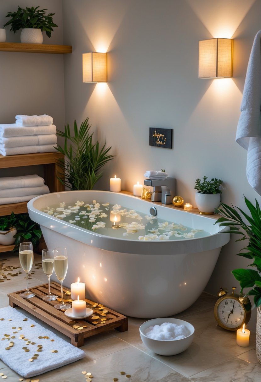 v2 16pv2d 1t1n8 A modern spa bathroom at home with a freestanding bathtub, candles, champagne glass, plants, and subtle New Year decorations.