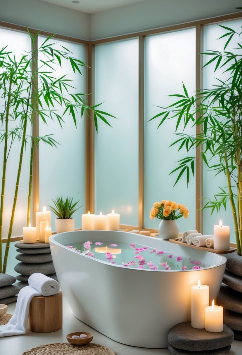 v2 16pv2y 3vc9w A spa bathroom with a freestanding bathtub filled with water and flower petals, surrounded by plants, candles, and towels.