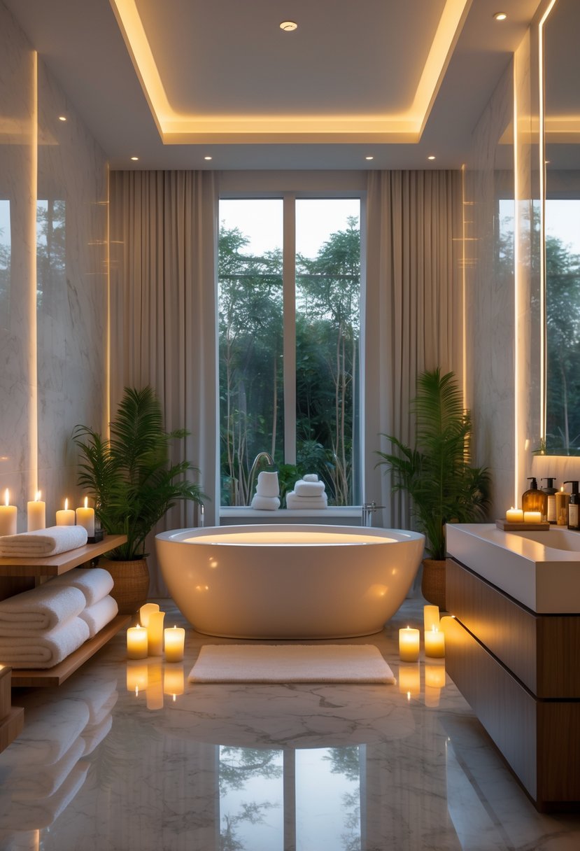 v2 16pv3m jtoi5 A spacious home spa bathroom with a freestanding bathtub, candles, plants, towels, and natural light creating a calm and inviting atmosphere.