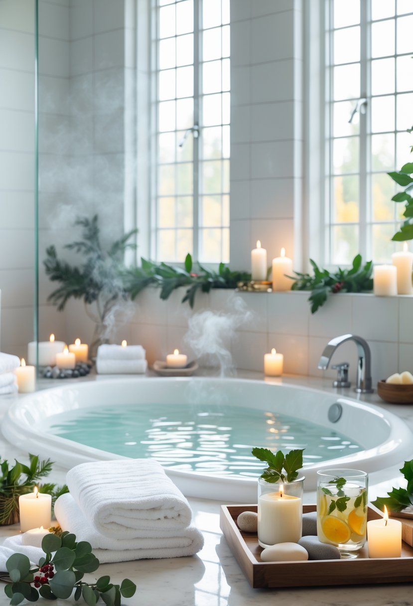 v2 16pv48 ao147 A home spa bathroom with a filled bathtub, candles, towels, and natural spa elements creating a relaxing atmosphere.