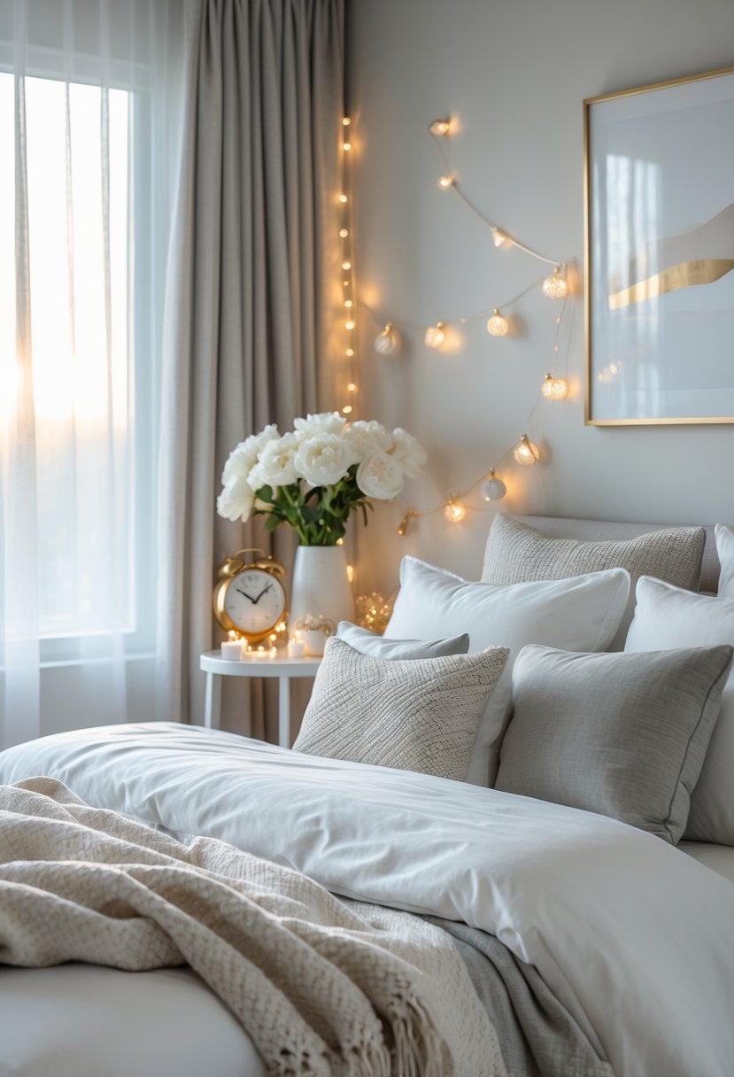 A calm bedroom with a neatly made bed, soft natural light, and subtle New Year decorations creating a peaceful atmosphere.