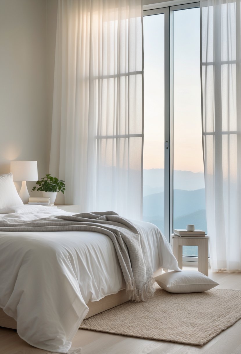 A calm bedroom with a neatly made bed, soft natural light, a bedside table with a lamp and plant, and a window showing a peaceful sky.