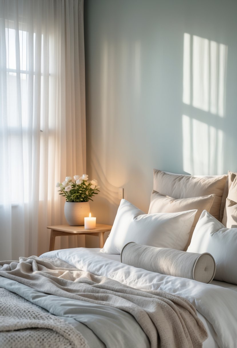 A calm bedroom with a neatly made bed, soft natural light, a small plant on a bedside table, and minimal decor creating a peaceful atmosphere.