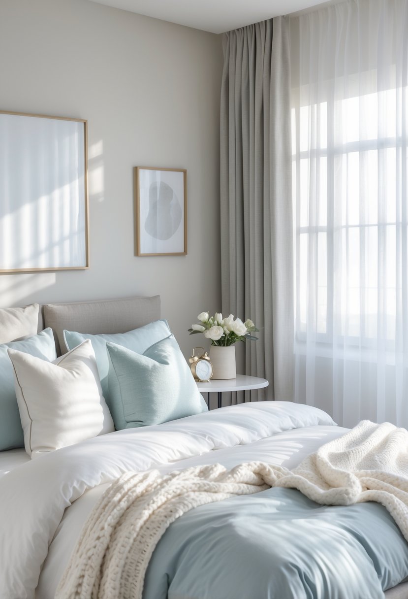 A calm bedroom with a neatly made bed, soft natural light, a bedside table with flowers, and neutral-toned walls.