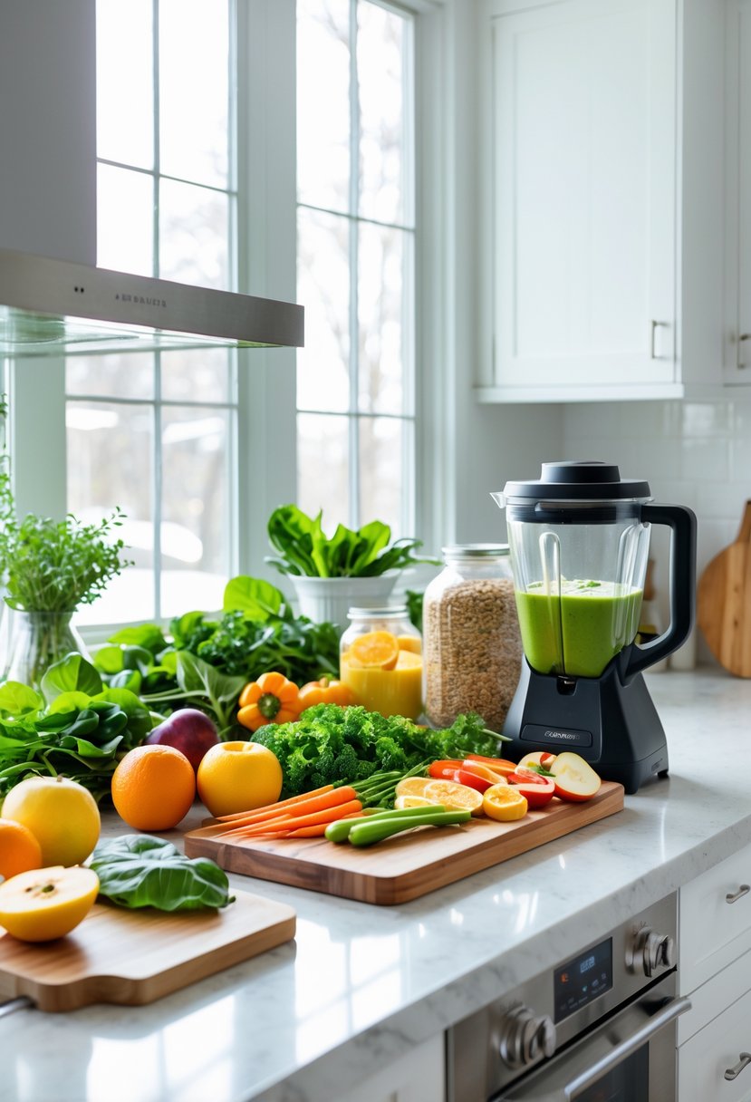 A clean kitchen countertop with fresh fruits, vegetables, grains, and a blender with a green smoothie, lit by natural light from large windows.