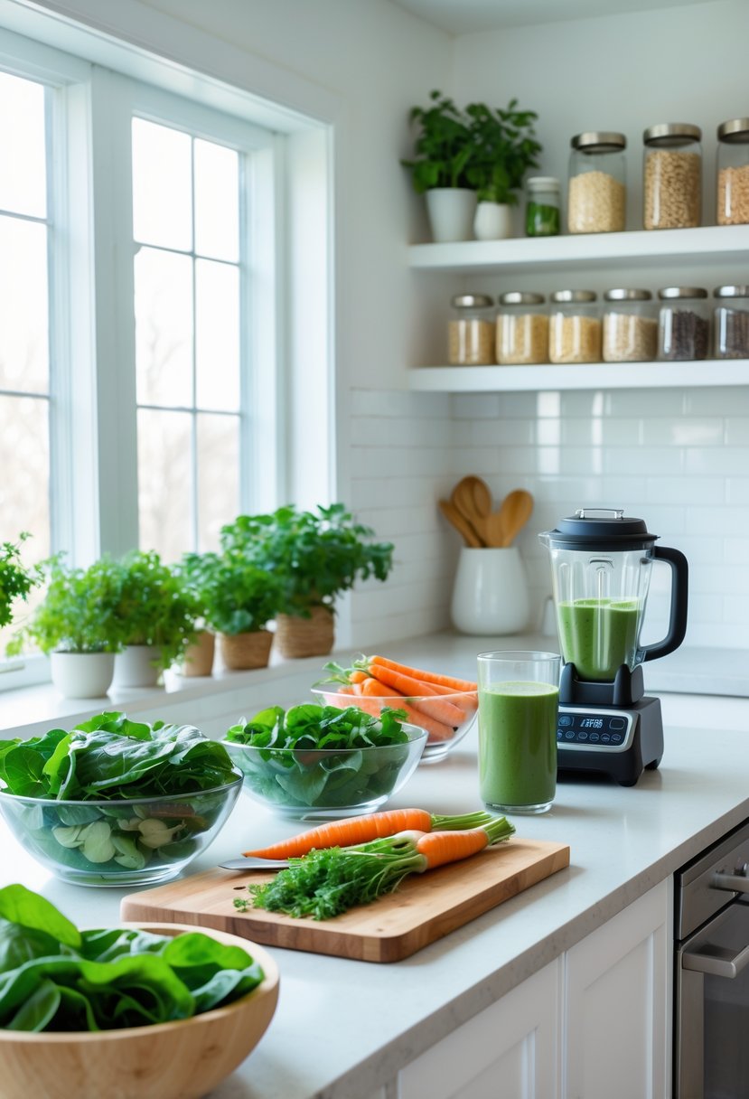 A clean, organized kitchen with fresh vegetables, a blender with green smoothie, jars of grains and nuts on shelves, and natural light coming through windows.