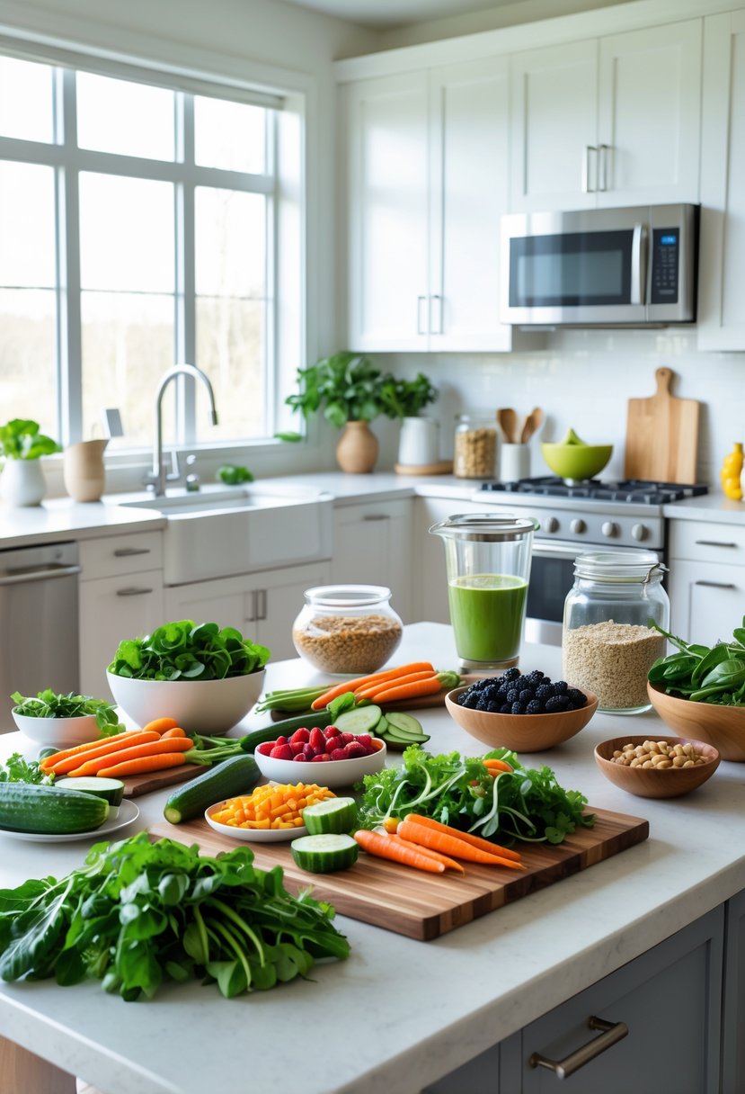 A modern kitchen countertop with fresh vegetables, fruits, jars of grains, a blender with a green smoothie, and natural light coming through windows.