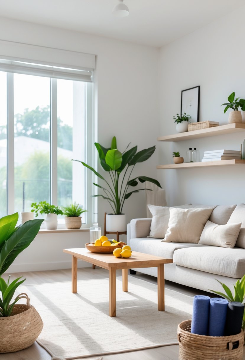 A clean and bright living room with a sofa, coffee table with a plant and lemons, shelves, indoor plants, and yoga mats, creating a fresh and calming atmosphere.