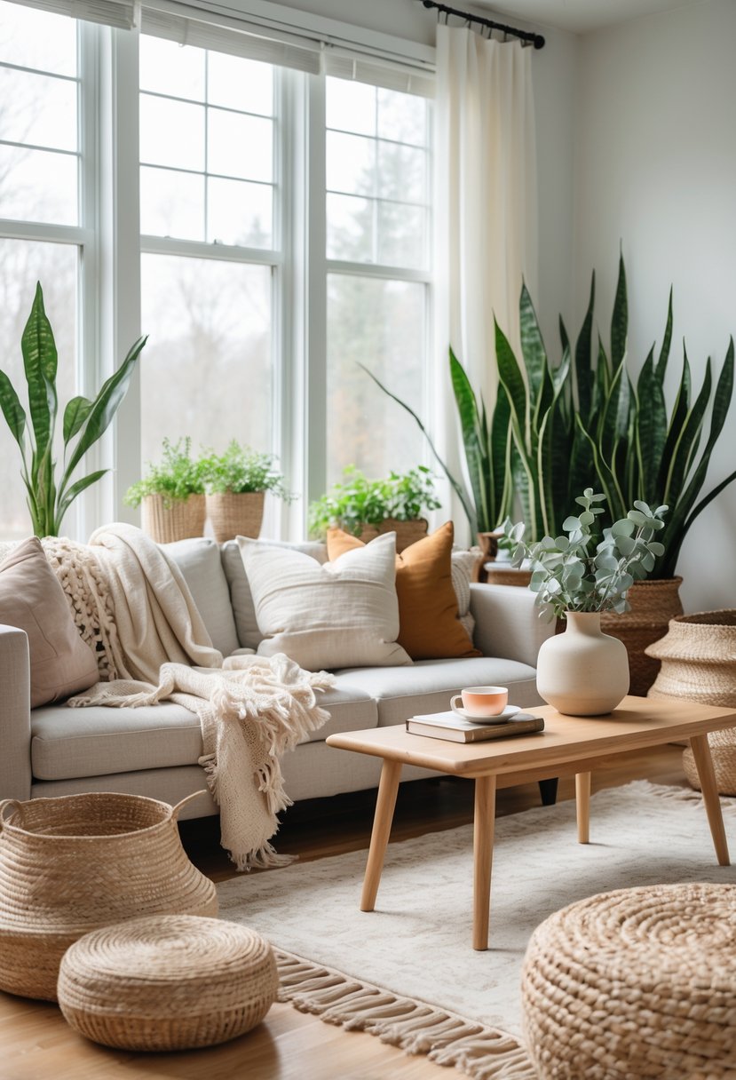 A bright living room with large windows, green indoor plants, a cozy sofa with throw blankets and cushions, a wooden coffee table with a vase of eucalyptus, and warm natural accents.