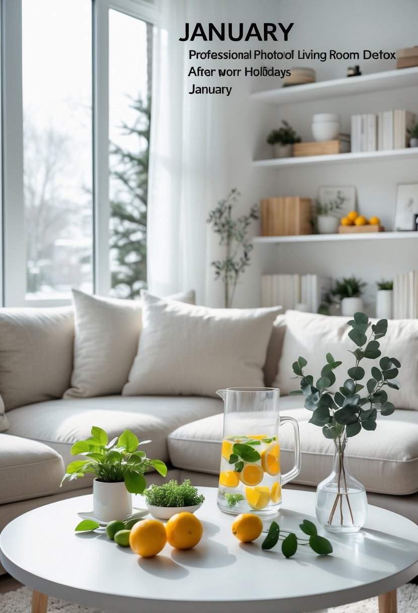 A clean and bright living room with a sofa, coffee table with plants and citrus fruits, and natural light coming through large windows.