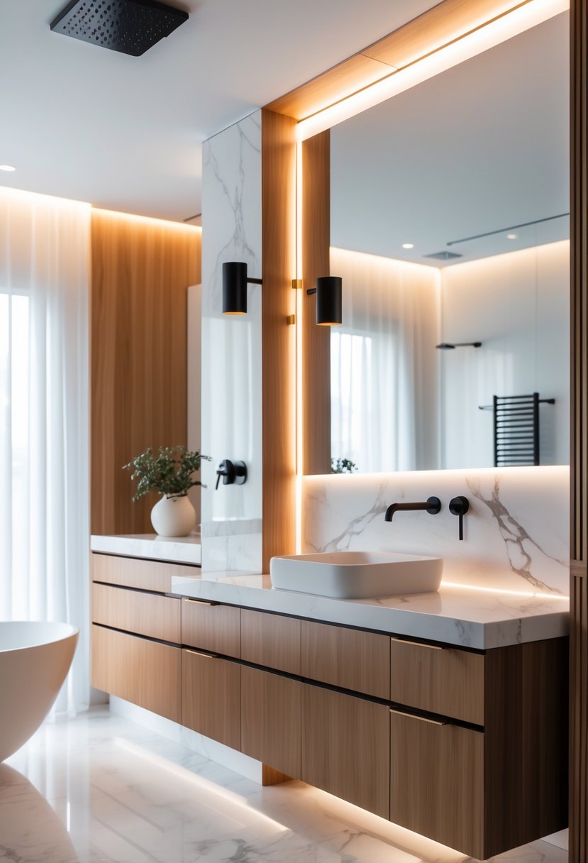 A modern bathroom with matte black and brushed gold hardware, white marble countertops, wood cabinetry, a floating vanity, and a freestanding bathtub.