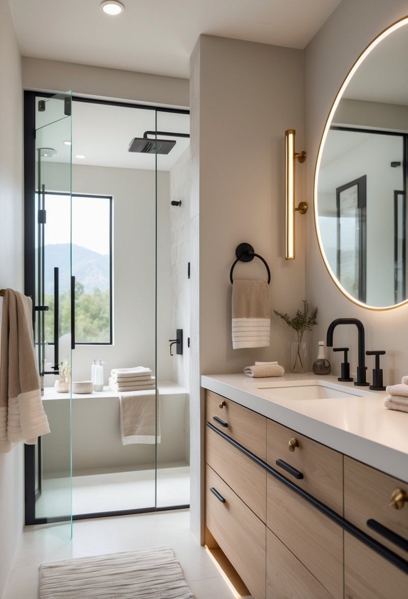 Modern bathroom interior featuring new bathroom hardware like matte black faucets, brushed gold handles, and a glass shower enclosure.