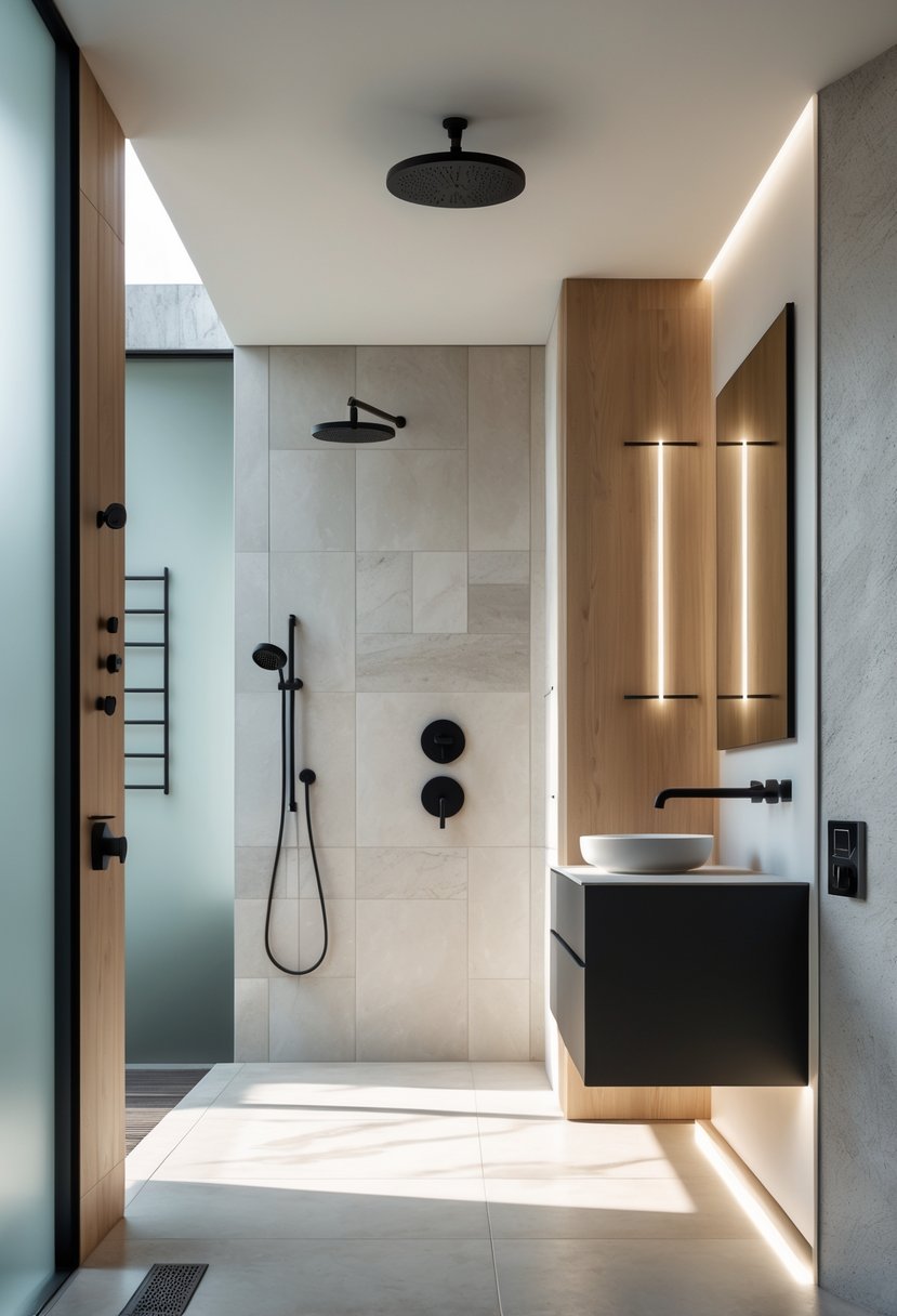 A modern bathroom interior featuring matte black and brushed gold hardware, large stone tiles, a floating vanity, and a smart mirror with LED lighting.