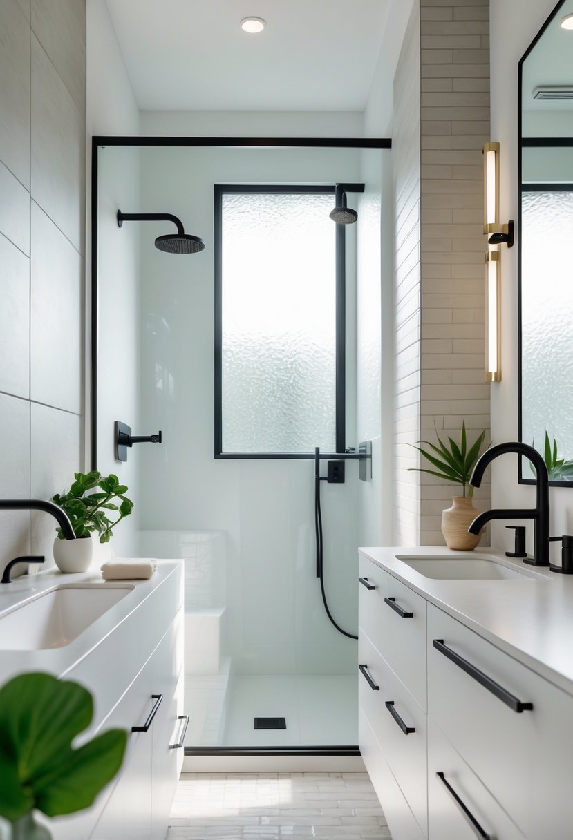 Modern bathroom interior featuring sleek faucets, towel bars, and cabinet handles with natural light and a small potted plant.
