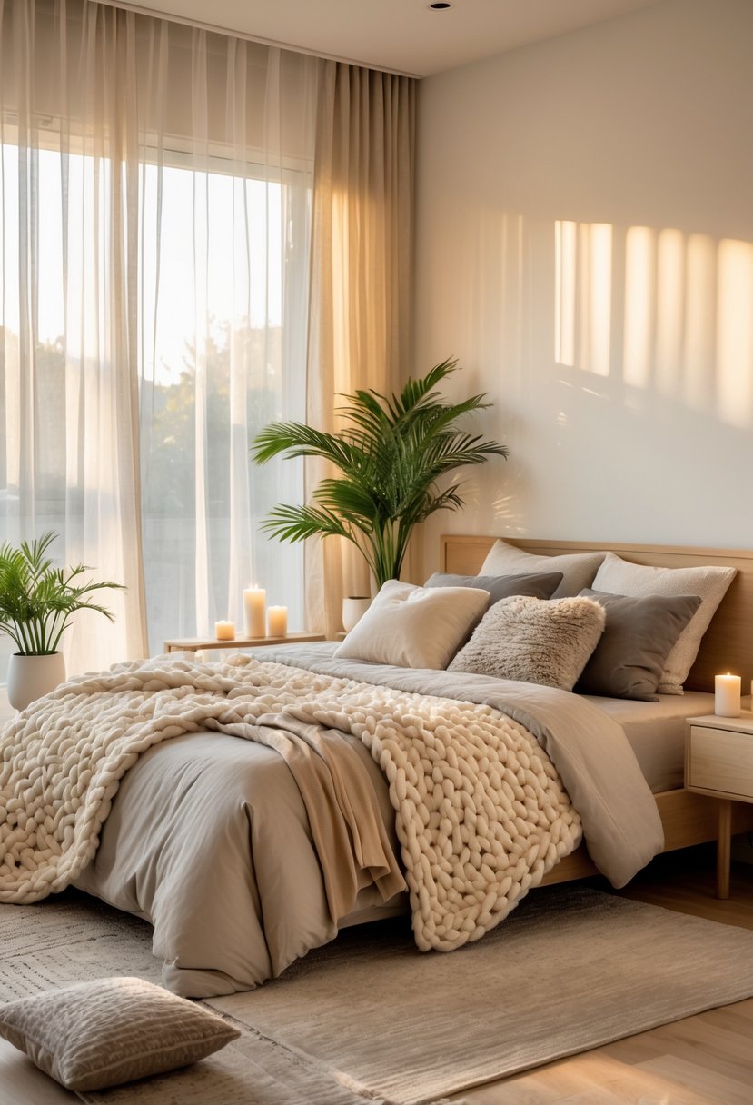 A cozy bedroom with a neatly made bed, soft blankets, pillows, plants, and warm natural light coming through the window.