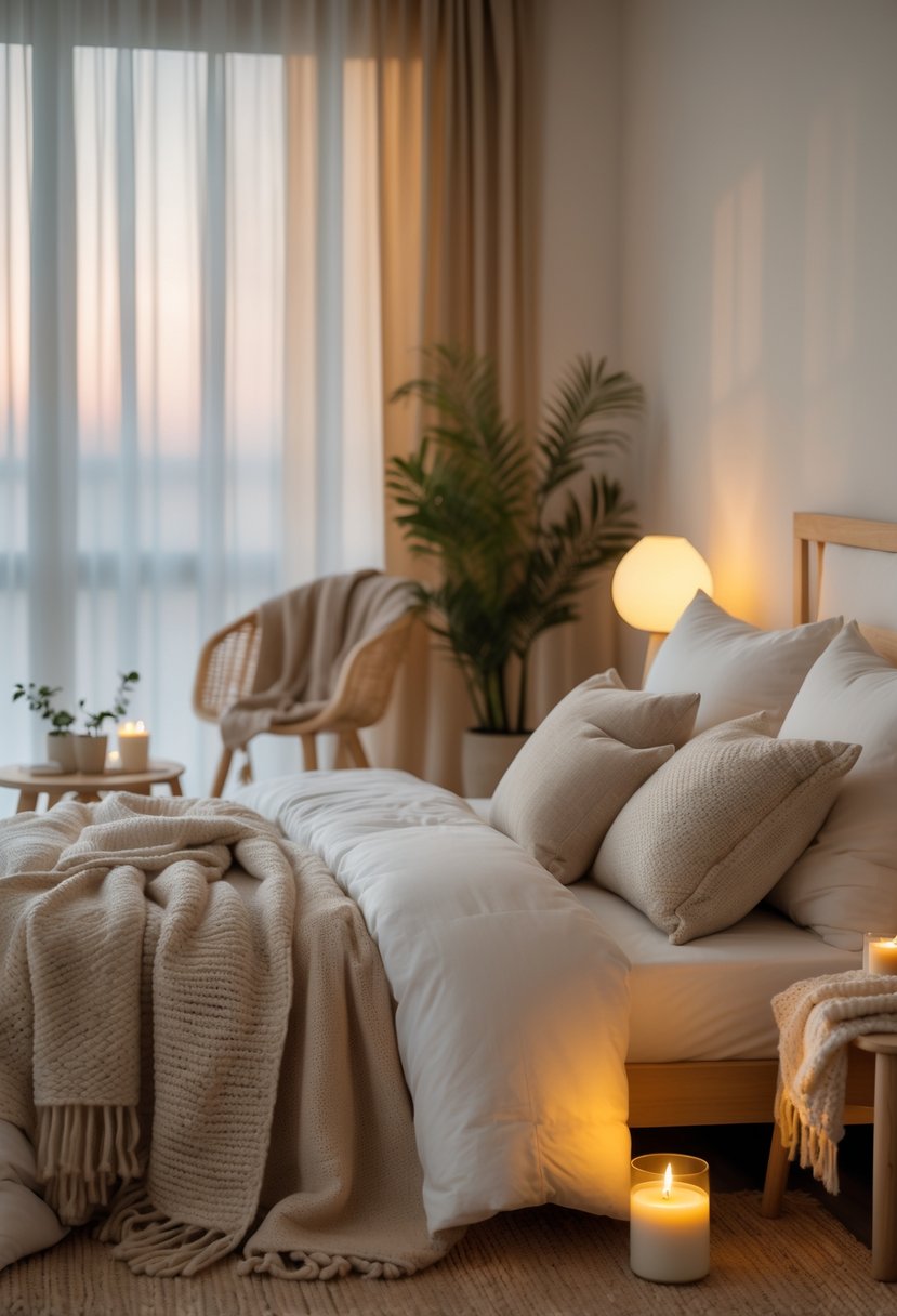 A cozy bedroom with a neatly made bed, soft blankets, pillows, wooden furniture, a lit candle on a bedside table, and natural light coming through curtains.