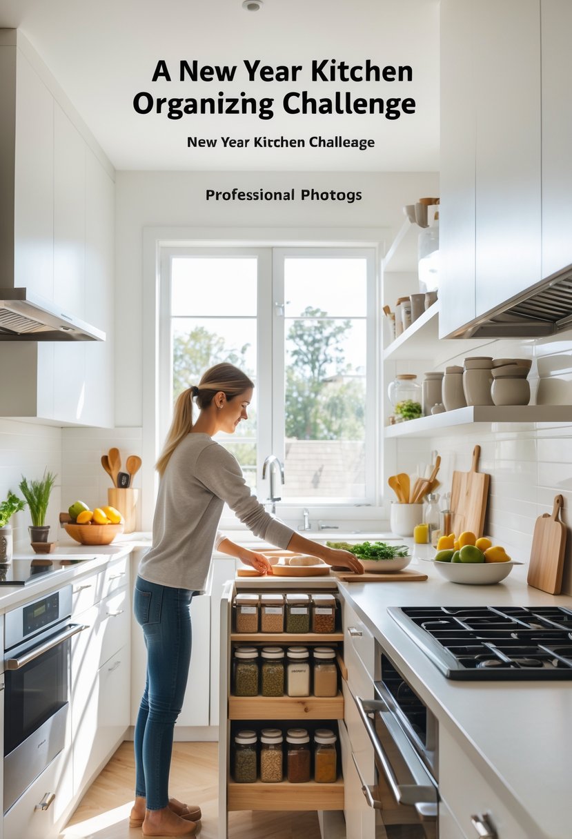 Person organizing a clean, modern kitchen with labeled jars and neatly arranged utensils and food items.