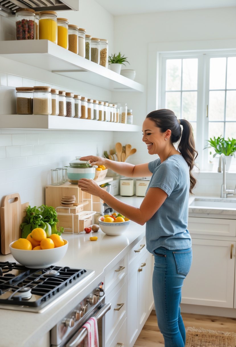 A person organizing a modern kitchen with neatly arranged jars, fresh fruits, and kitchen tools on clean countertops.