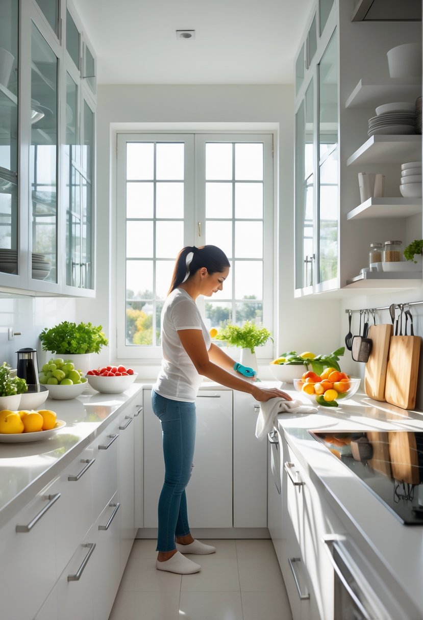 A person organizing a bright, clean kitchen with neatly arranged shelves and countertops.