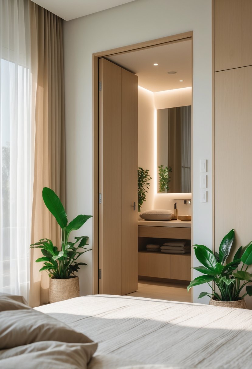 A bedroom next to a bathroom with plants and soft natural light creating a calm and balanced atmosphere.