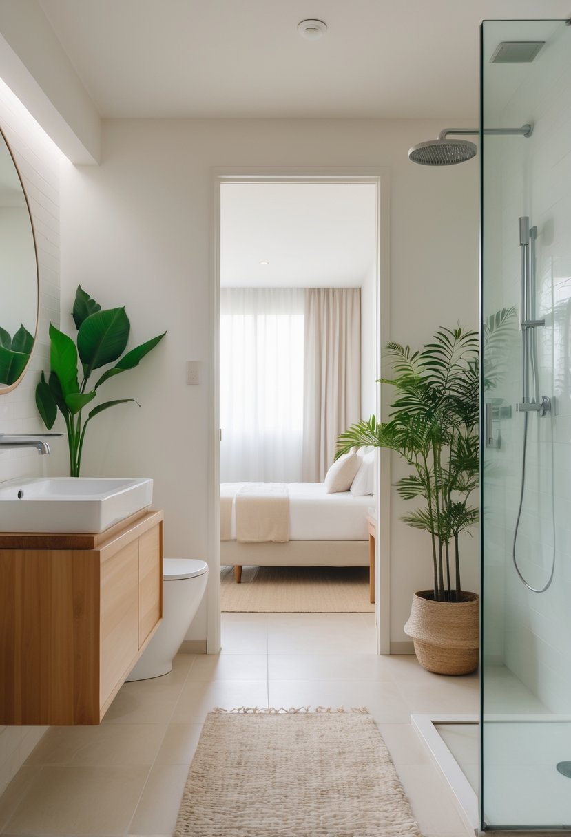 A bathroom next to a bedroom in a rental apartment, with plants and clean design creating a peaceful atmosphere.