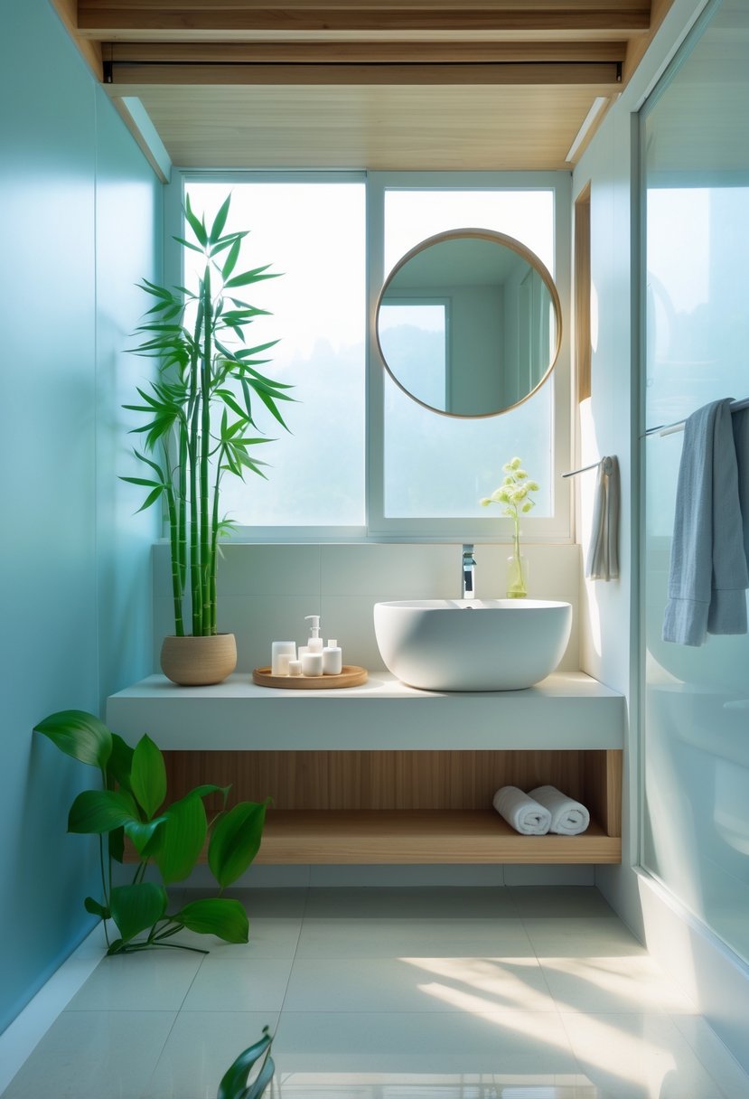 A bright bathroom with plants and natural light, shown above a cozy bedroom in a rental apartment.