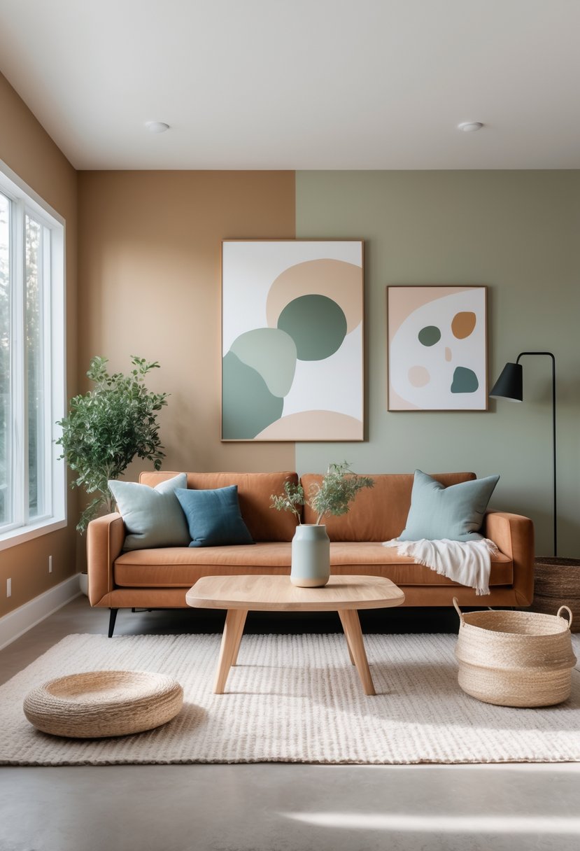 A bright living room with a terracotta sofa, green and blue pillows, wooden coffee table, plants, and large windows letting in natural light.