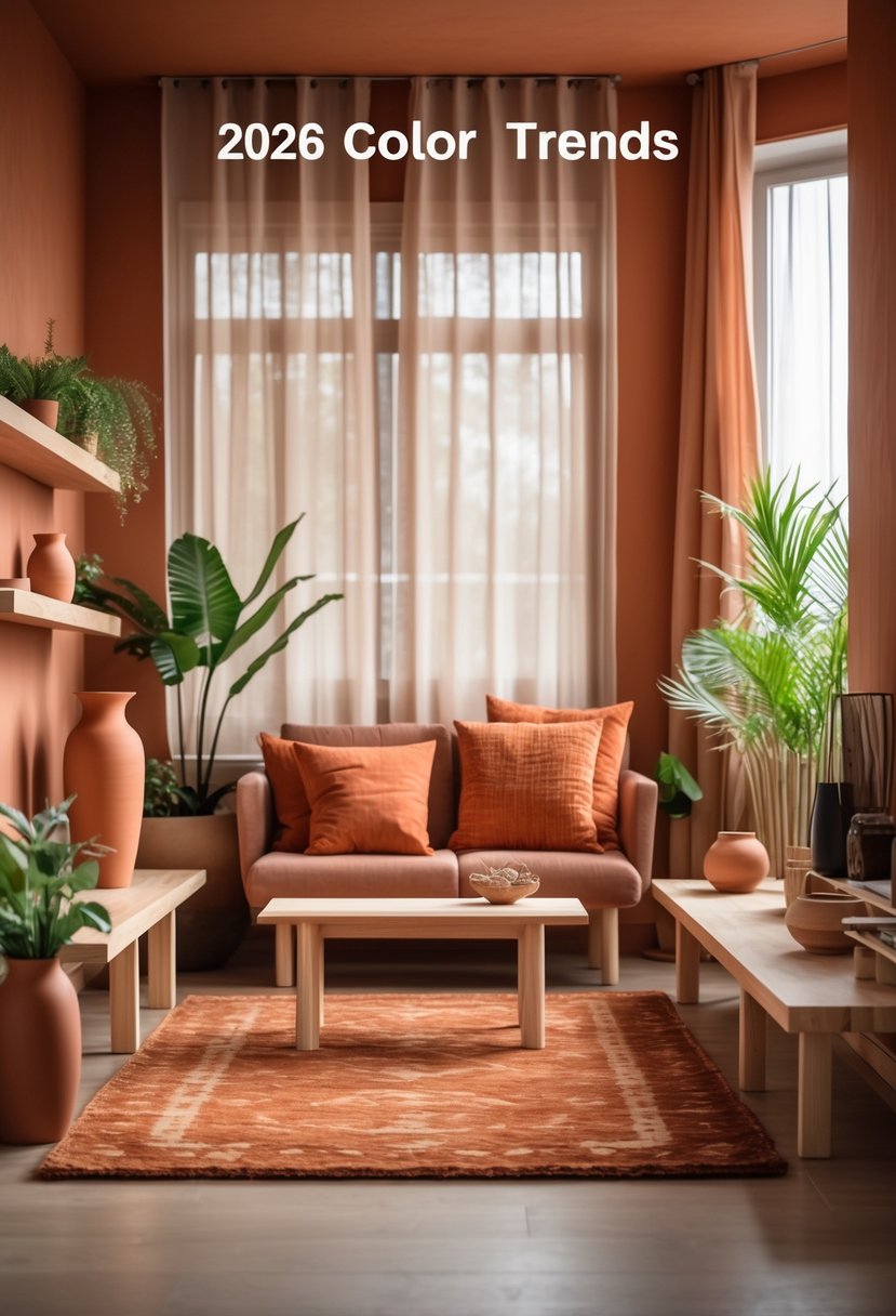 A modern living room with terracotta-colored walls, wooden furniture, decorative vases, plants, and natural light coming through large windows.