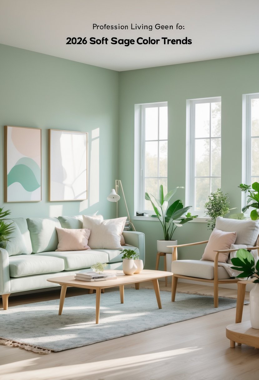 A bright living room with soft sage green walls, a sofa, wooden coffee table, indoor plants, and natural light coming through large windows.