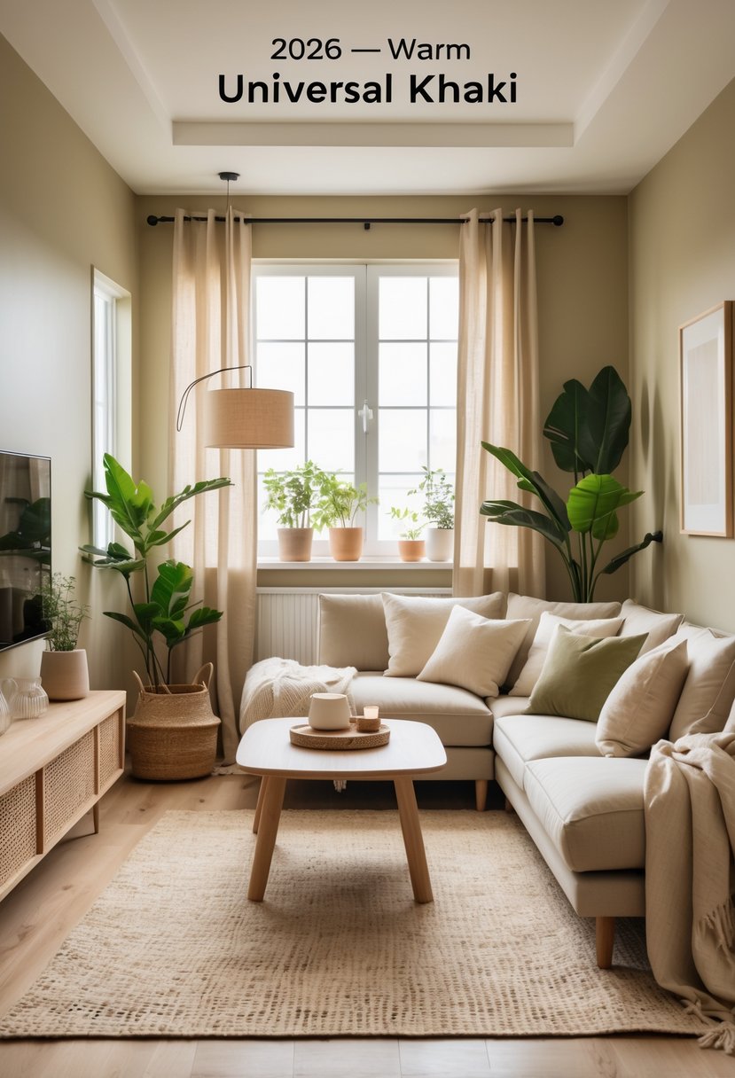 A modern living room with warm khaki walls, natural wood furniture, a comfortable sofa, plants, and large windows letting in natural light.