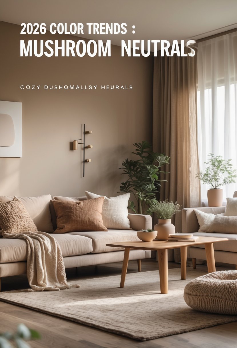 A cozy living room with a neutral color palette, featuring a sofa, coffee table, plants, and natural light coming through large windows.
