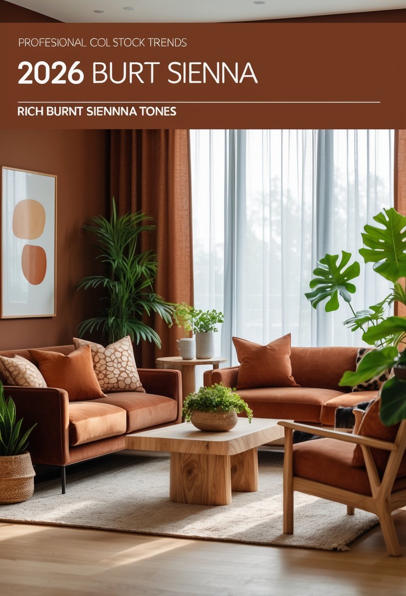 A modern living room with deep burnt sienna walls, a sofa with earthy-toned pillows, a wooden coffee table, plants, and natural light coming through large windows.