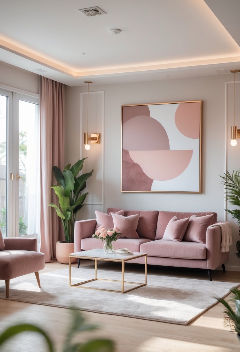 A bright living room with a dusty rose sofa, matching pillows, plants, and decorative elements arranged around a coffee table.