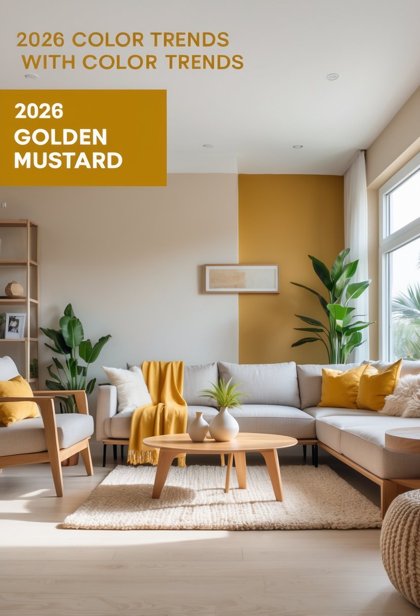 A bright living room with a sofa, armchair, coffee table, and plants, featuring golden yellow accent cushions and decor.