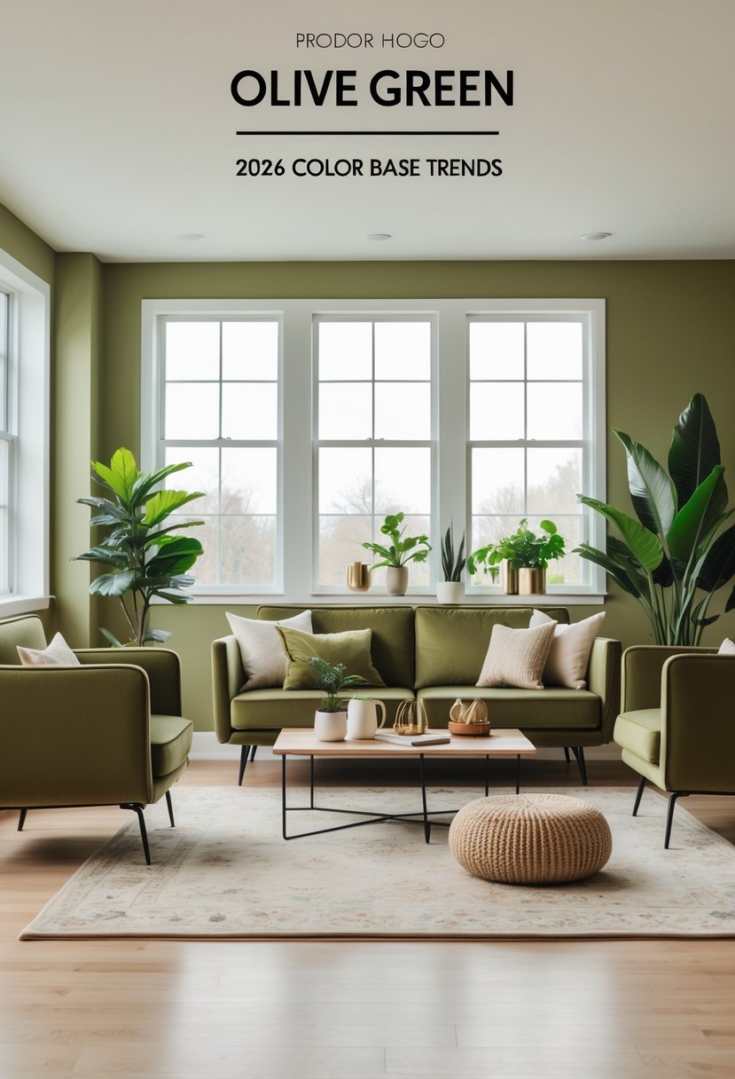 A modern living room with an olive green sofa, armchairs, large windows, plants, and warm wooden flooring.