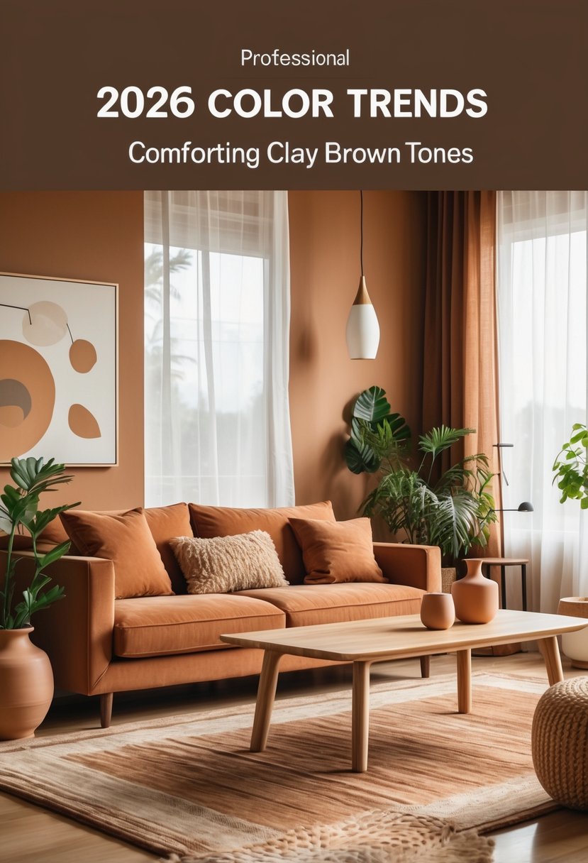 A warm living room with clay brown walls, a clay brown sofa, wooden coffee table, indoor plants, and natural light coming through large windows.